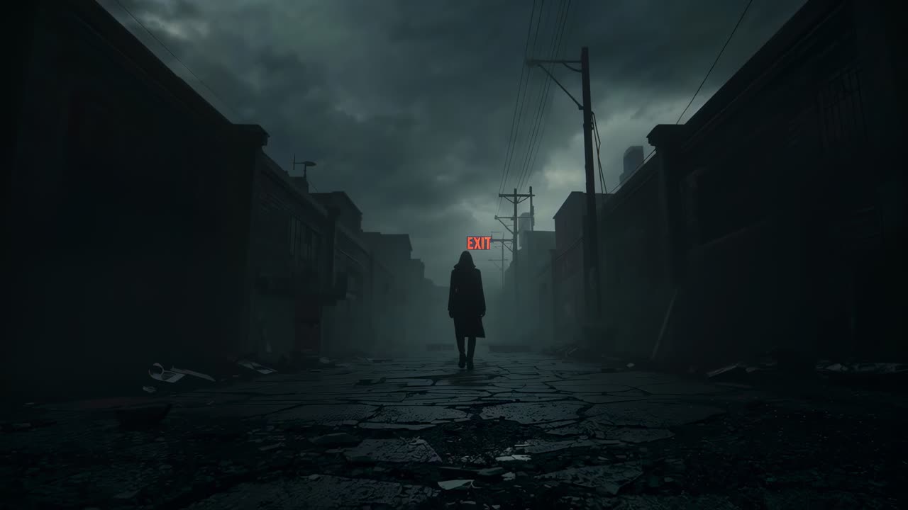 Walking silhouetted figure wearing long dark coat moving toward lit EXIT sign on cracked street