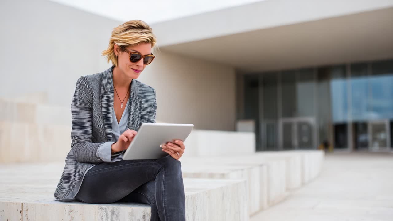 Engaging in Digital Wilderness: A Stylish Woman Embraces Technology While Relaxing Outdoors with Her Tablet, Combining Modern Convenience with Serene Architecture