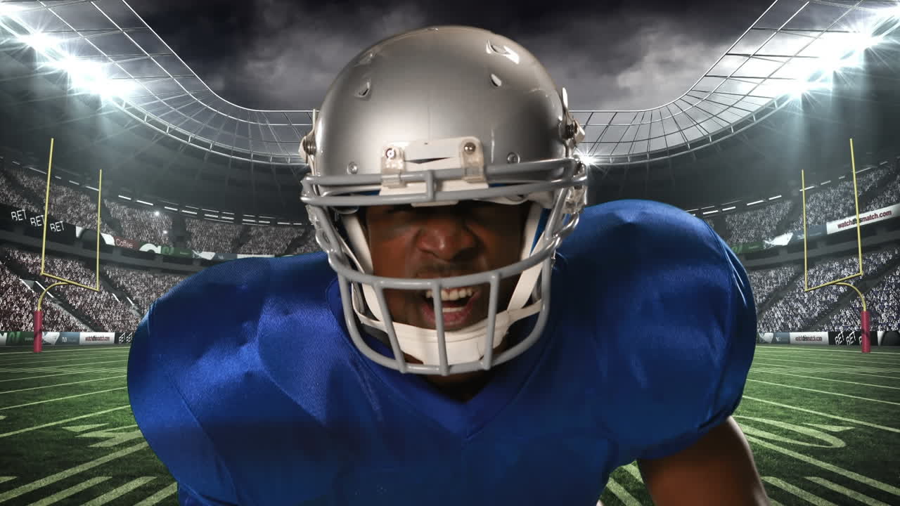 Animazione di un giocatore di football americano su uno stadio sportivo