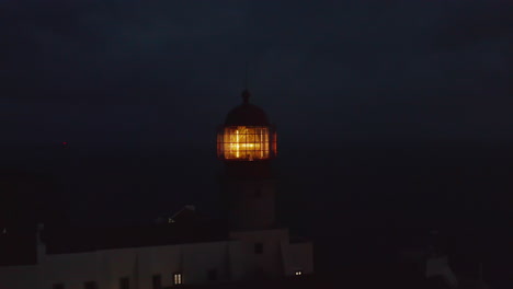Closeup-of-shining-lighthouse-yellow-fresnel-lens-head-at-dusk-in-Lagos-Algarve,-Portugal,-aerial-drone-circling-around,-evening