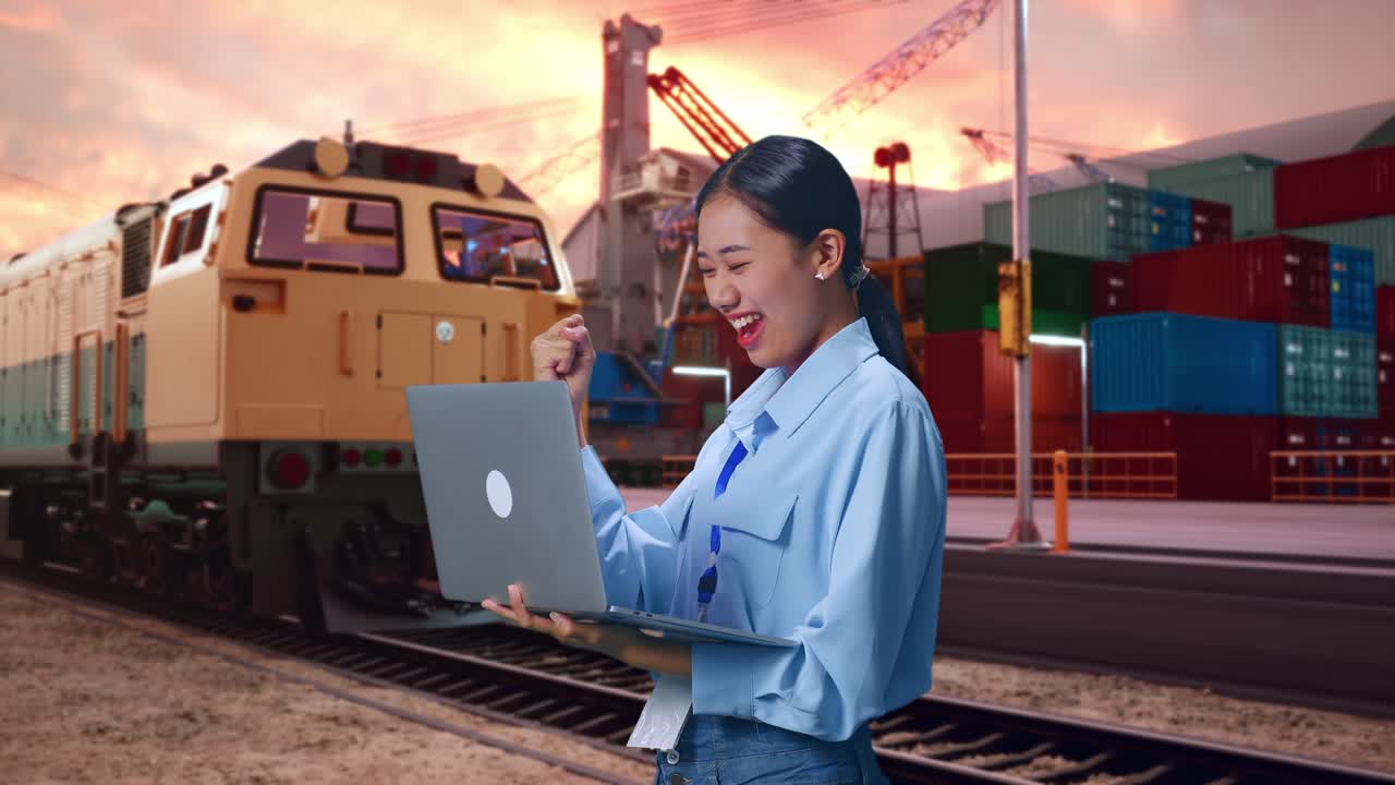 Side View Of Asian Female With Her Laptop With Freight Cargo Train At Port, She Raises Her Fist Up With Screaming Goal After Typed On The Laptop