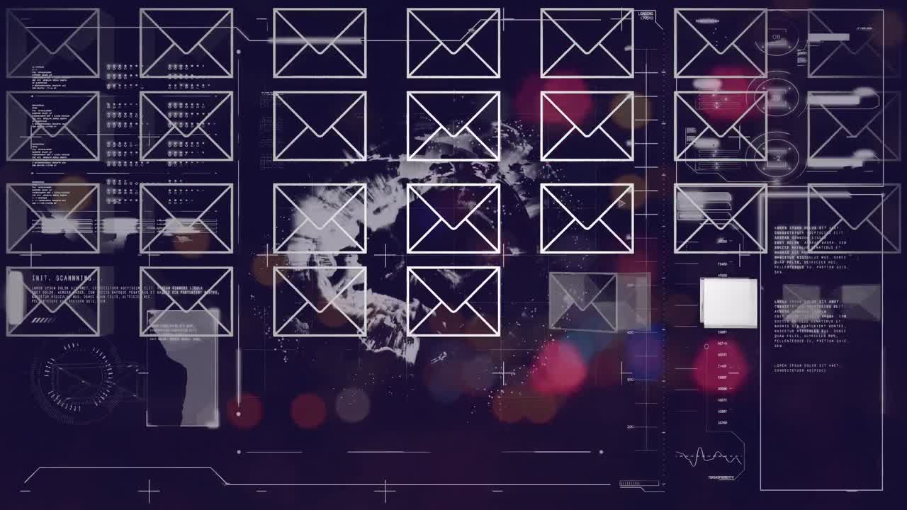 animación del procesamiento de datos sobre iconos de sobre y globo.