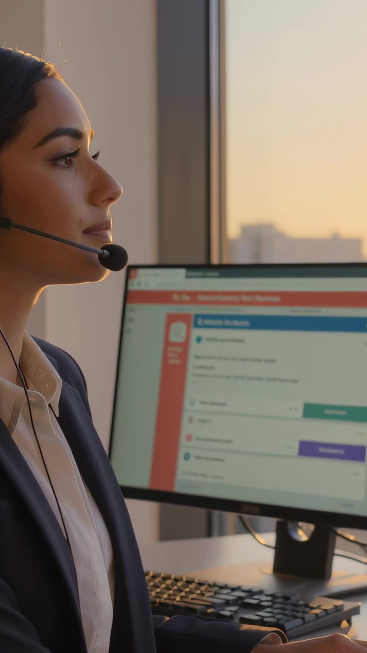 Vertikal video: Representant i blazer svarer på innkommende anrop, taster på arbeidsmonitor med hodesett på, med plass for tekst