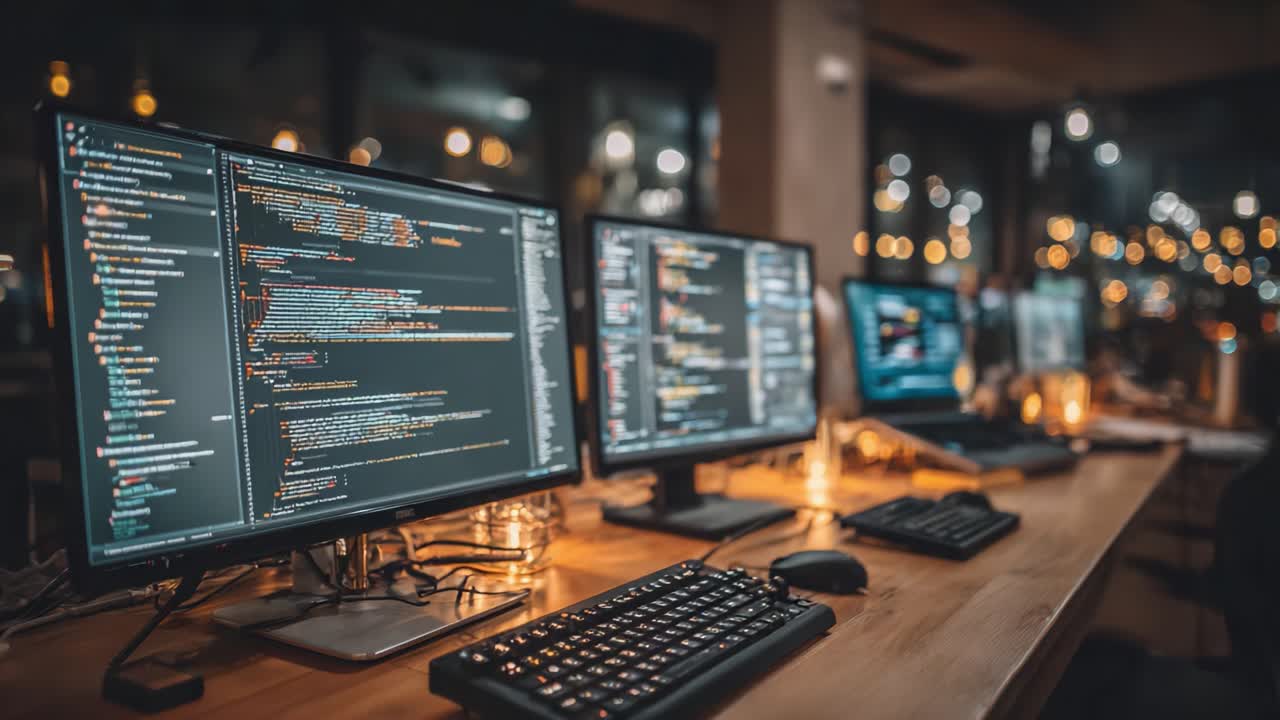 A Dynamic Workspace Featuring Multiple Computer Monitors with Code Displayed, Enhanced by Ambient Lighting and a Modern Aesthetic for Creative Software Development