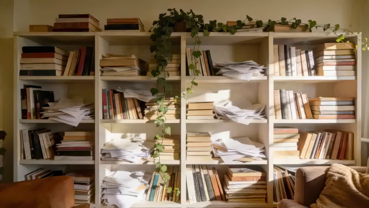 Kamera fährt zurück und enthüllt ein weißes Regal im Lesebereich, das Bücher, Papier und eine Rankenpflanze zeigt.
