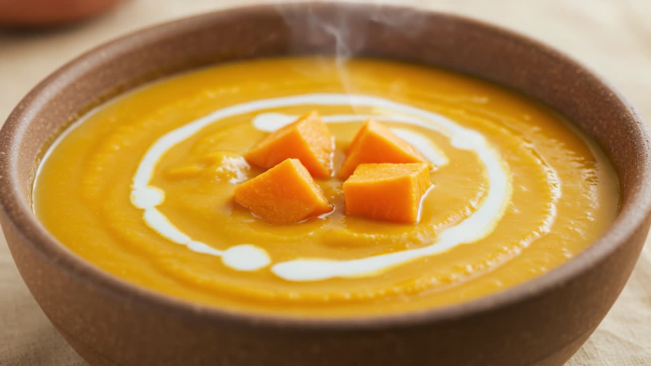 Warm and creamy pumpkin or butternut squash soup with cream swirl and diced garnish in a rustic bowl