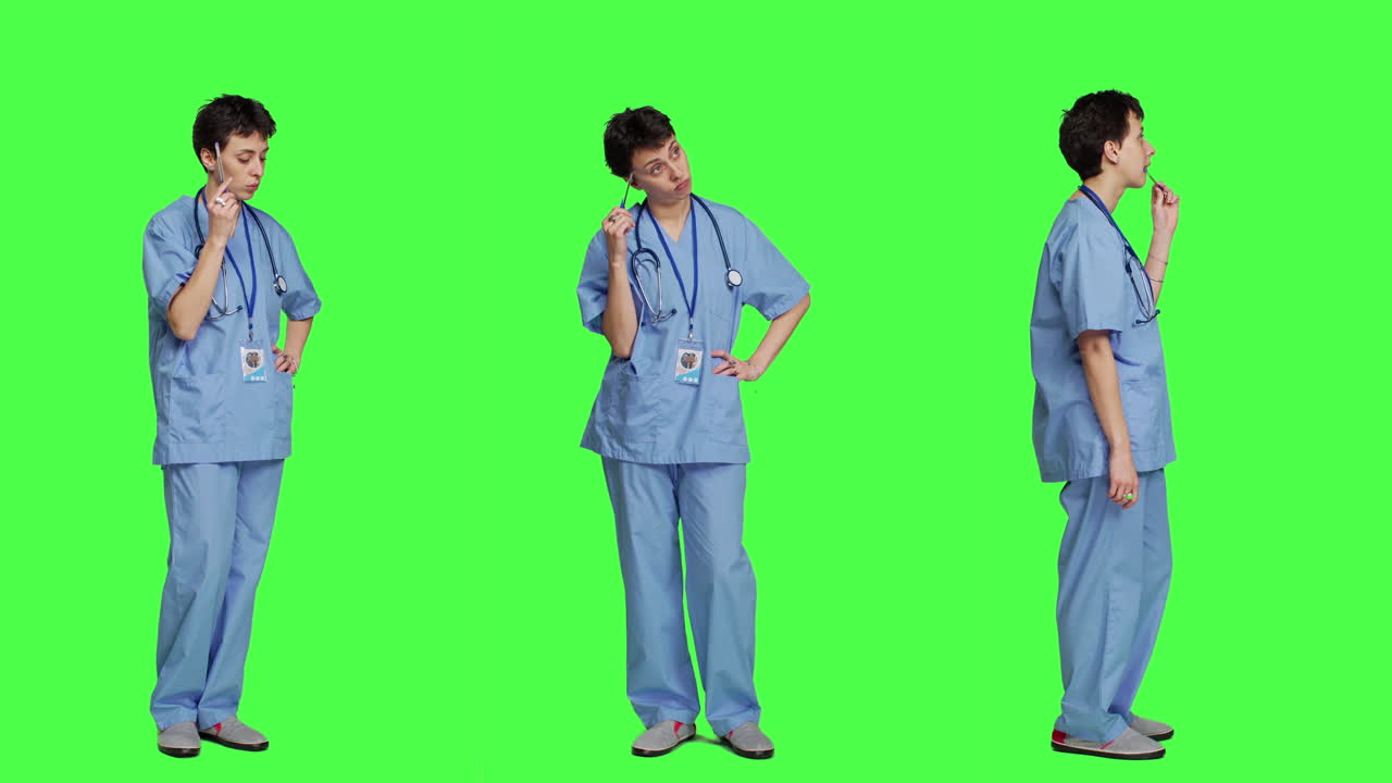 의료 보좌관은 스튜디오에서 새로운 치료 아이디어에 대해 생각하고 있습니다.