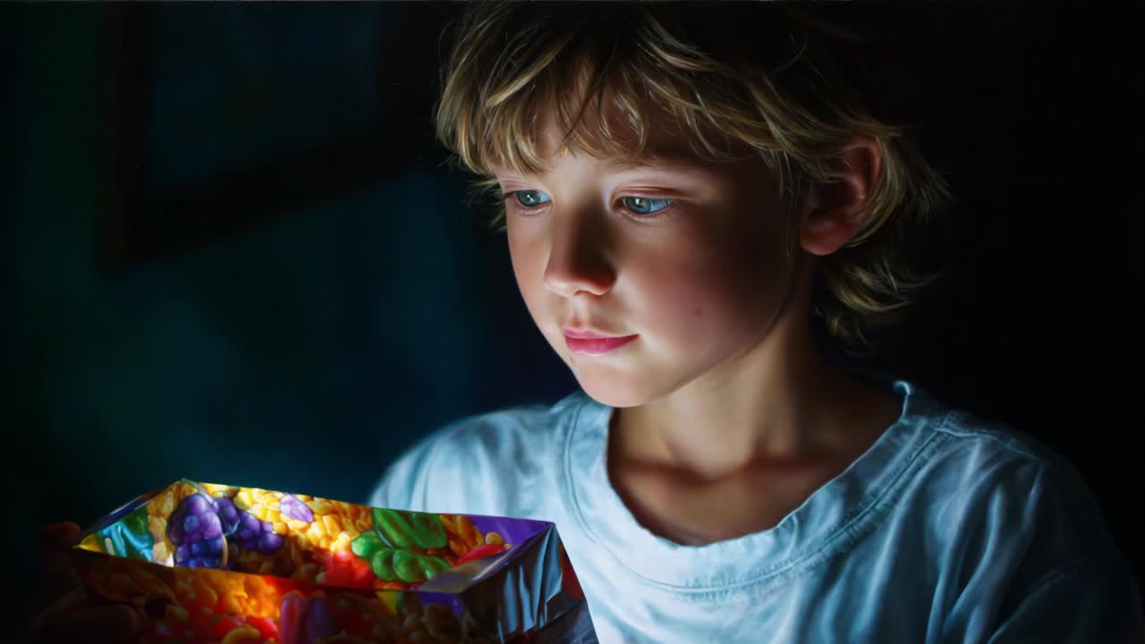 A Young Child's Captivating Moment of Wonder as They Gaze at a Colorful Gift Box Emitting a Soft Glow, Reflecting Curiosity and Delight in the Mysteries of Life and Surprise