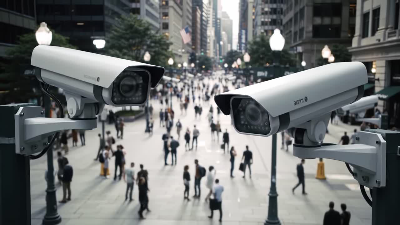 Urban Surveillance: A Detailed View of Security Cameras Overlooking Bustling City Streets During Daytime Activity