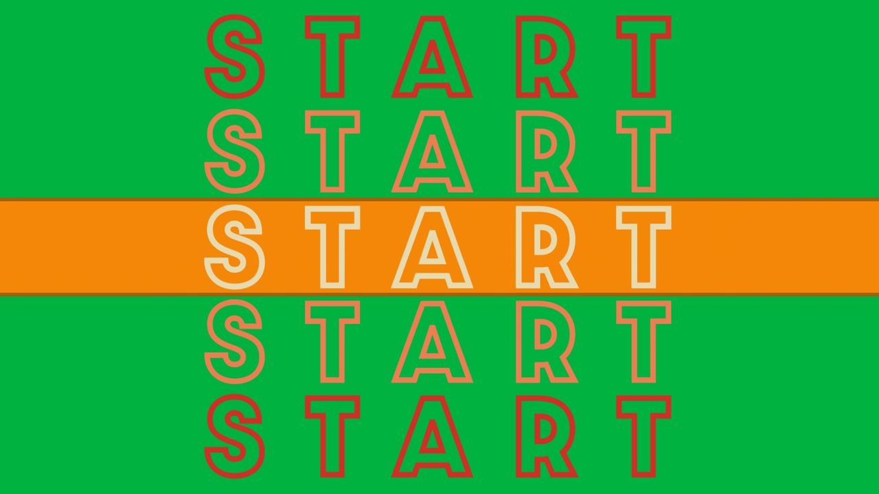 Animation of start text in red, orange and white letters over orange stripe on white background