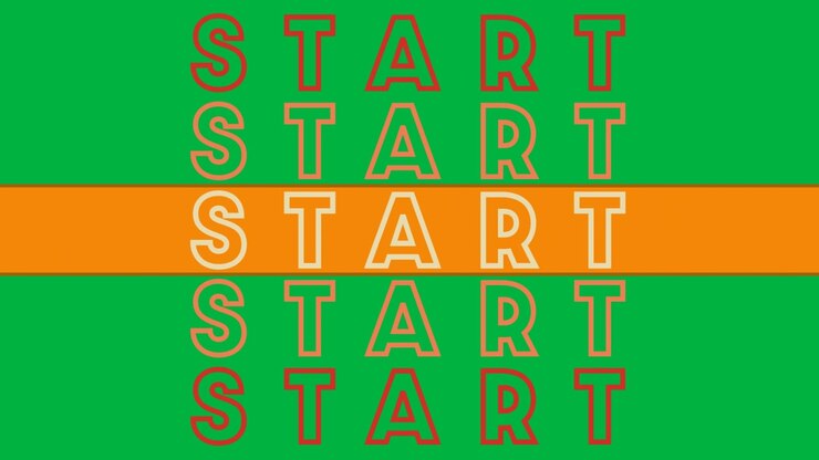 Animation of start text in red, orange and white letters over orange stripe on white background