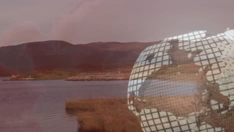 animation of grid pattern overlaying serene lake and mountain landscape at dusk