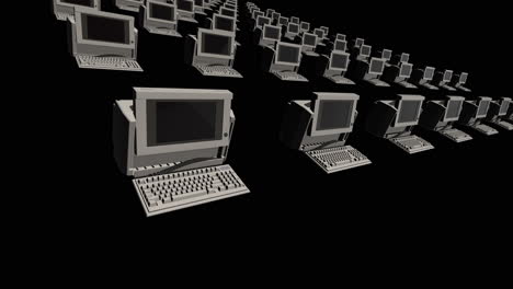 retro pc computers rapidly expand into infinite rows - 3d animation