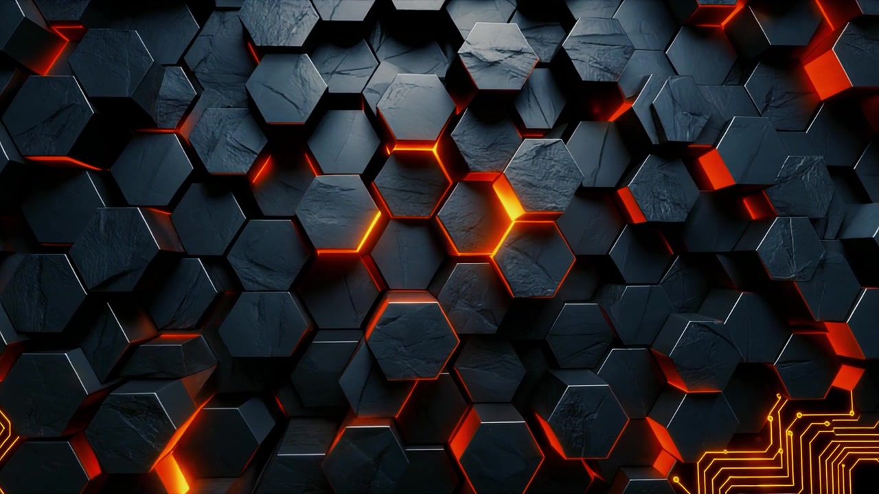 Dynamic Hexagonal Background with Glowing Orange Lights and Circuit Elements
