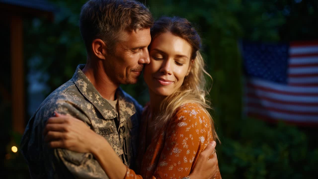 A heartfelt reunion of love and support as a soldier embraces his partner in a warm moment, surrounded by nature and the serene glow of twilight, capturing the essence of connection and dedication