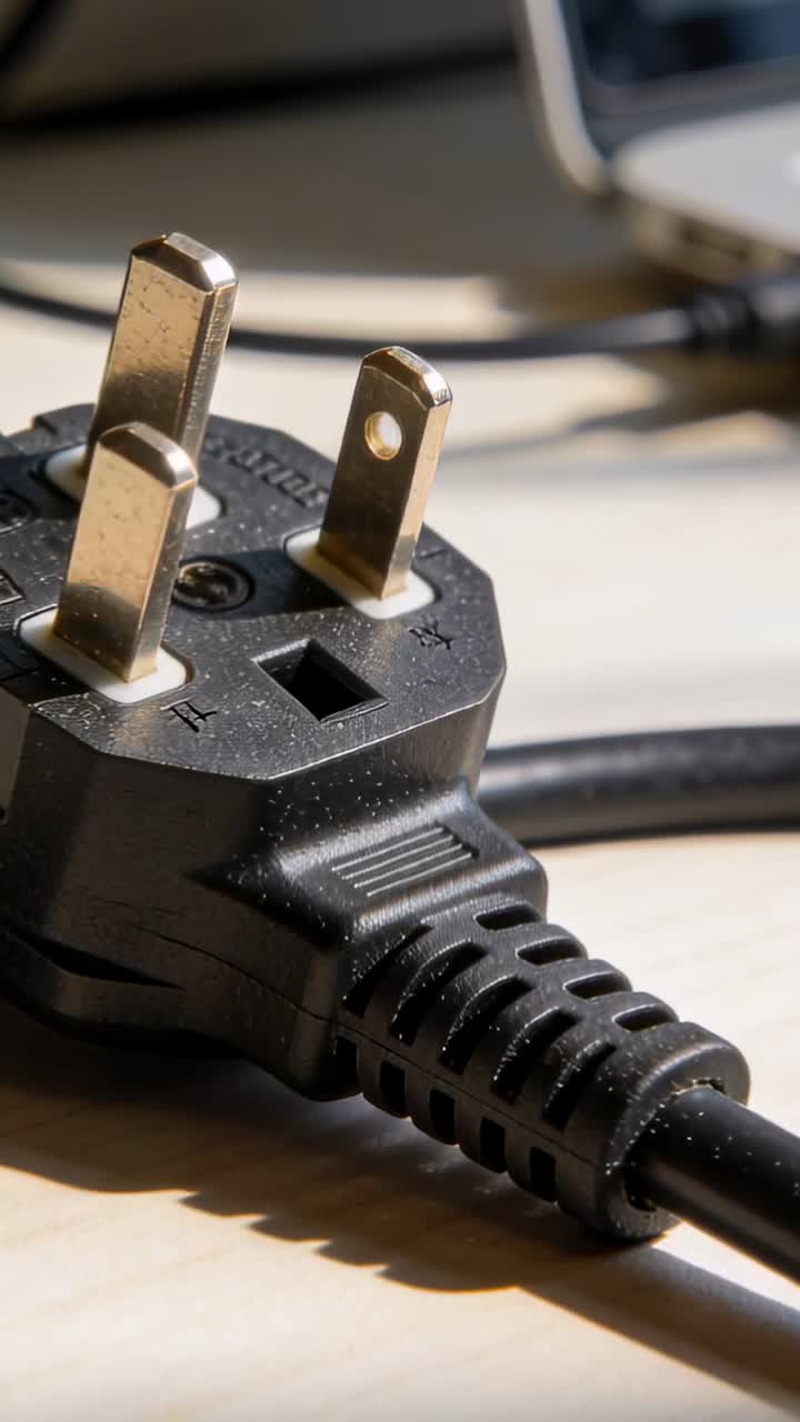 Vertical video: Zooming camera bringing 3-pin black plug closer on light wood desk, revealing dust