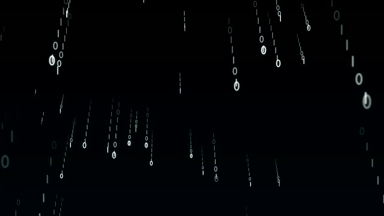 Strings of 0 and 1 fall from top to bottom in data matrix created in cyberspace.