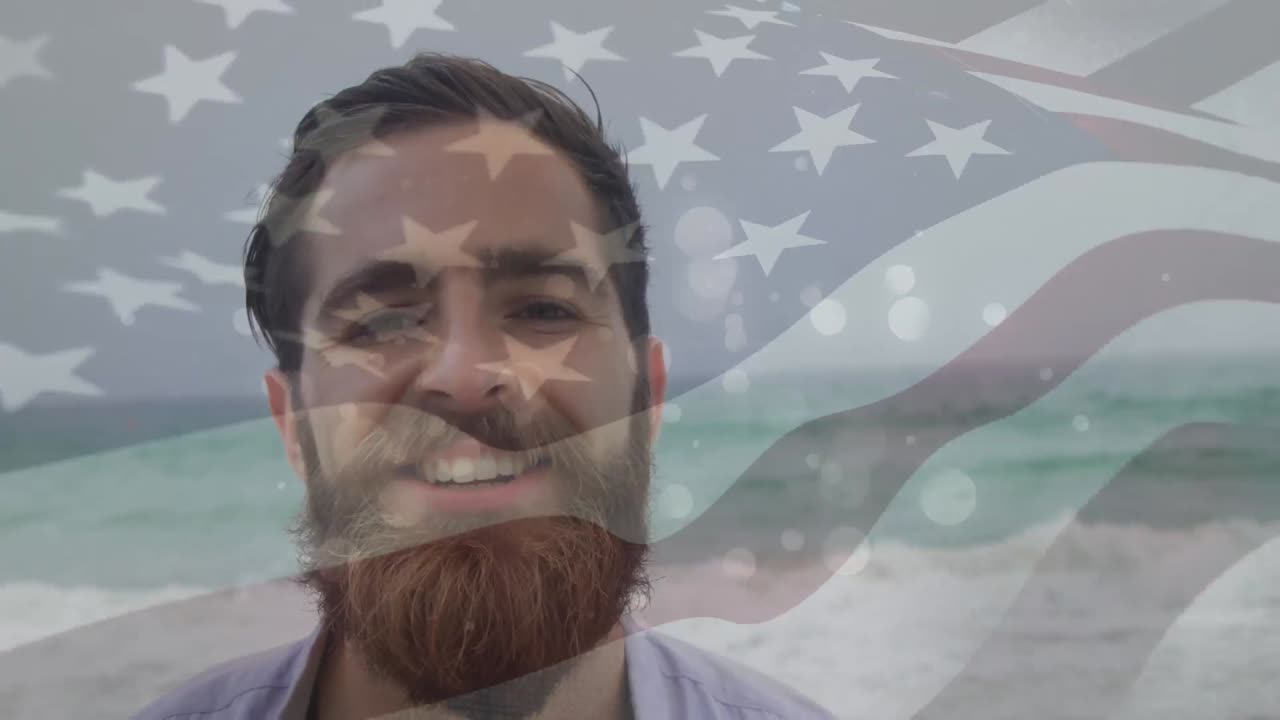 animación de un hombre caucásico feliz sobre la bandera de los estados unidos
