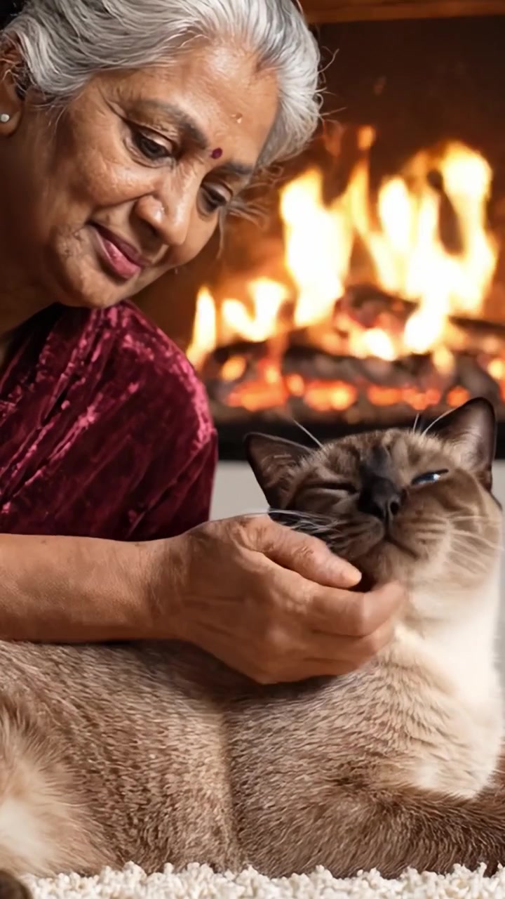 Ein warmer Moment der Verbundenheit zwischen einer älteren Frau und ihrer Katze am gemütlichen Kamin, der die Freude an Kameradschaft und Gelassenheit im Leben feiert.