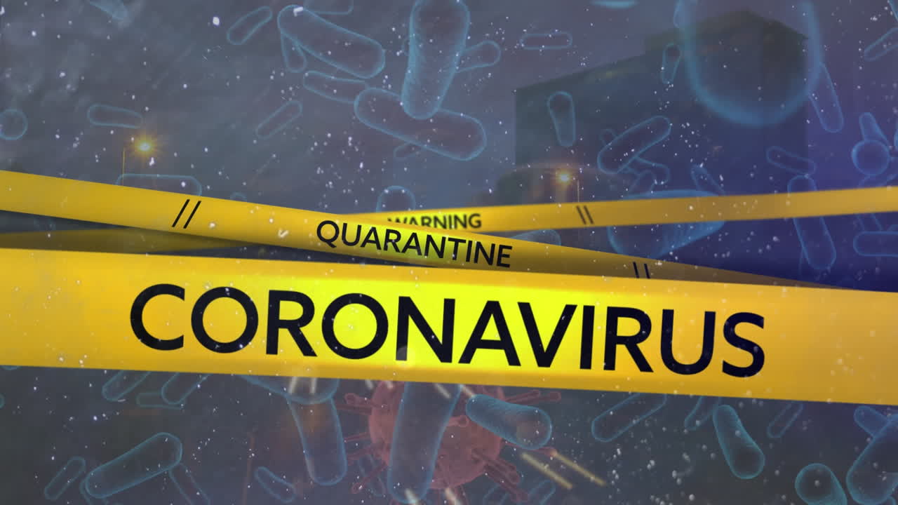 Yellow police tapes with Coronavirus, Warning and Quarantine text against night city traffic