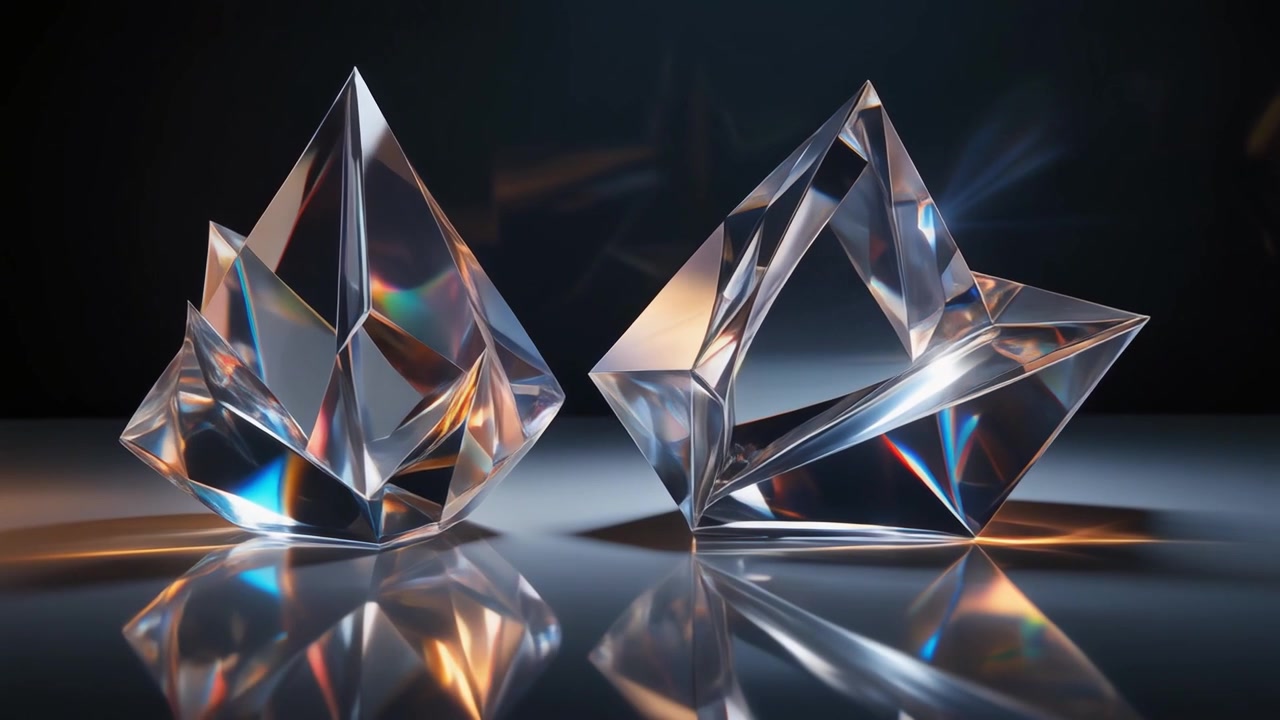 Due prismi di cristallo geometrici che riflettono la luce su una superficie scura.