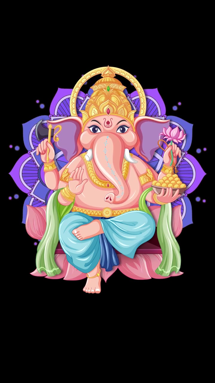 Illustrazione colorata di Lord Ganesha che appare su un loto rosa su uno sfondo nero.