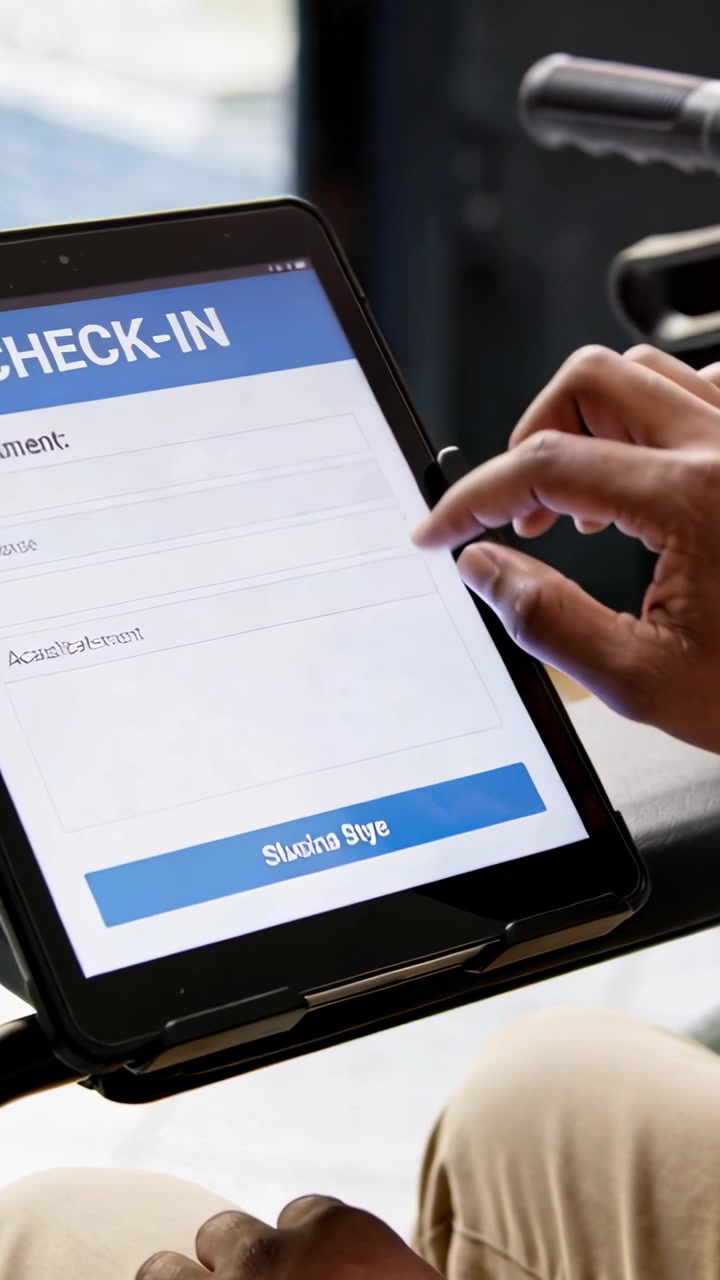 Video verticale: CHECK-IN: mano che compila un modulo e firma su tablet, pulsante blu, persona seduta con pantaloni chiari.