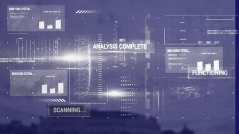 animation of interface with data processing against aerial view of cityscape