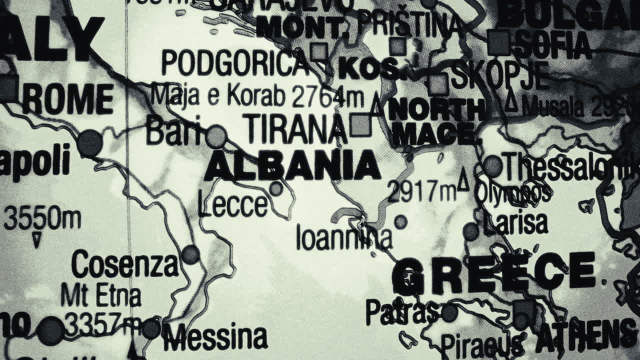 Close-up of a Vintage Map Showing Albania, Greece, and Italy