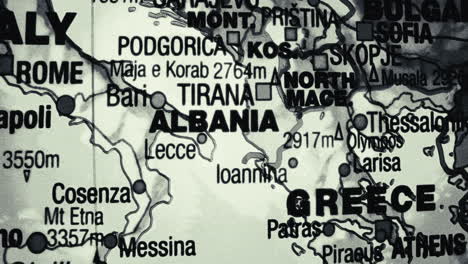 close-up of a vintage map showing albania, greece, and italy