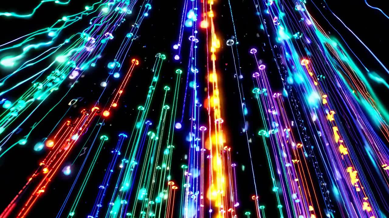 Dynamic video of colorful light trails, captured from a low angle, creating a futuristic and vibrant