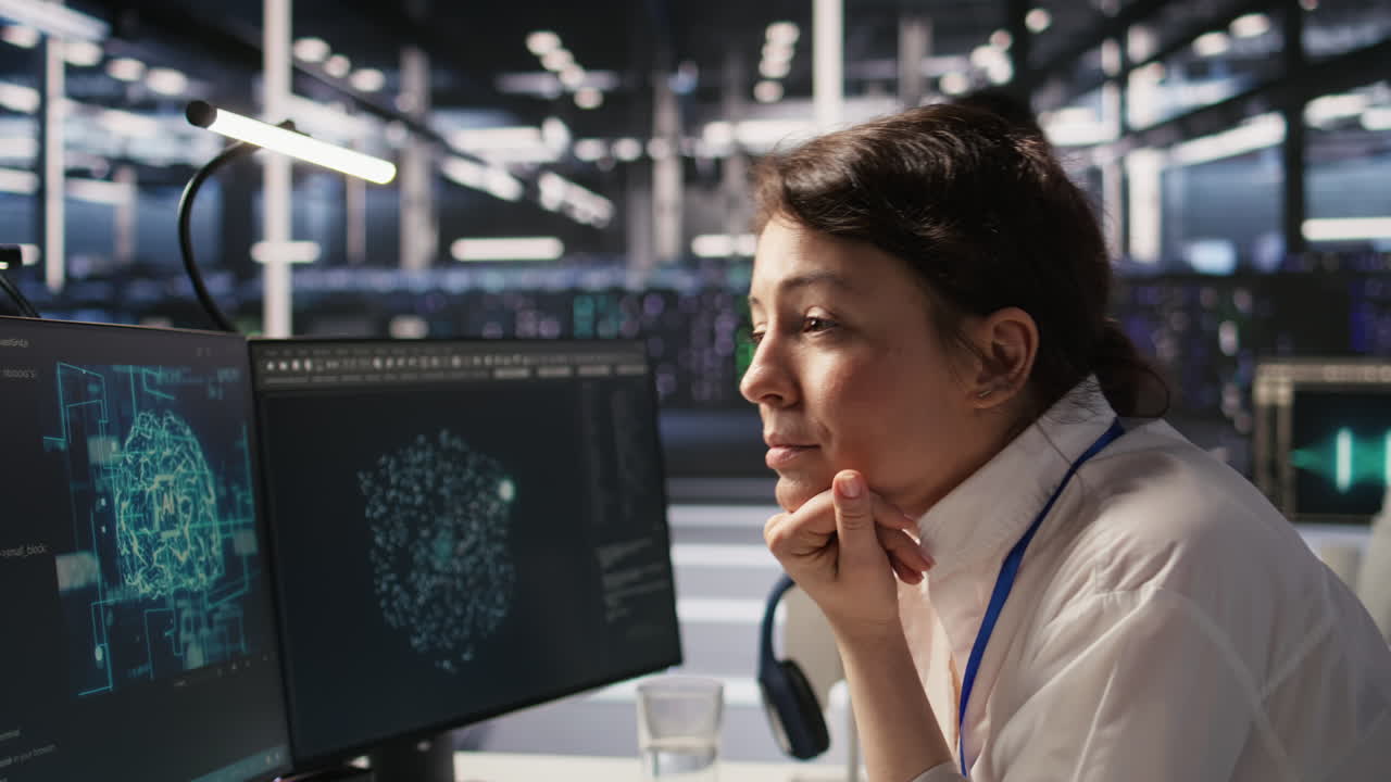 Vertical video Software developer monitoring server clusters performing AI training, close up