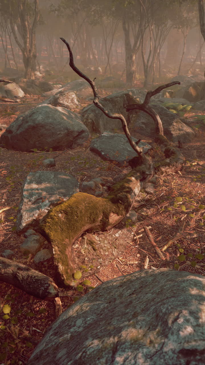 bosque de niebla con árboles caídos y rocas de musgo