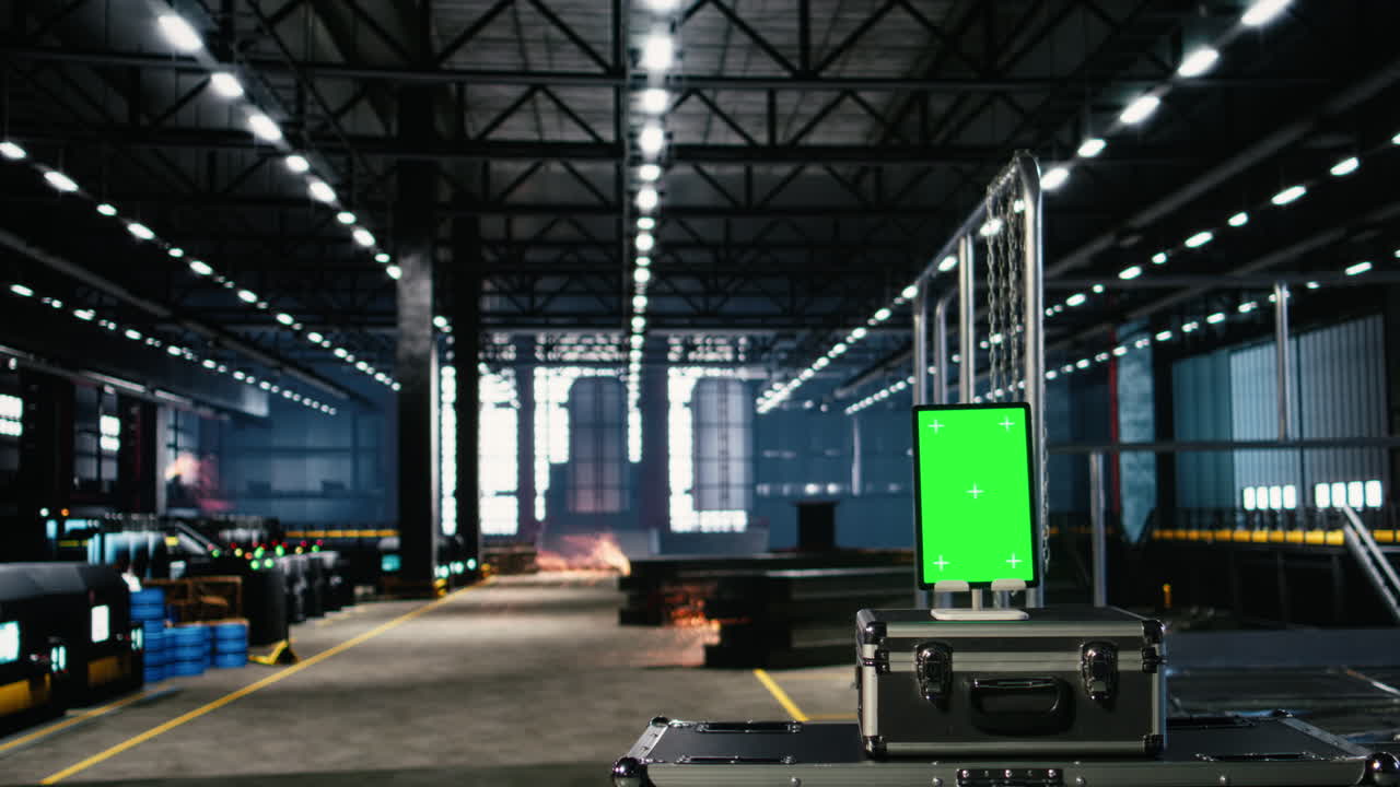 Vertical green screen in empty warehouse with mechanical equipment