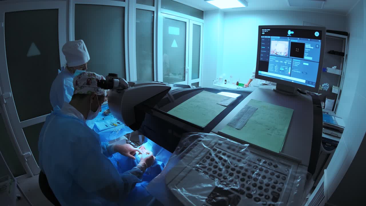 cirugía ocular. un paciente y un cirujano en la sala de operaciones durante una cirugía oftalmológica. paciente bajo microscopio quirúrgico. corrección de la visión