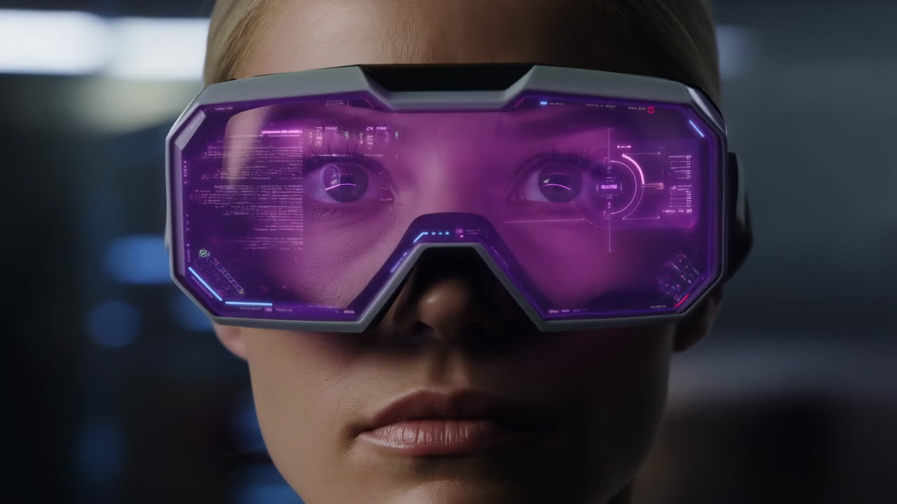 Woman Wearing Futuristic Virtual Reality Goggles