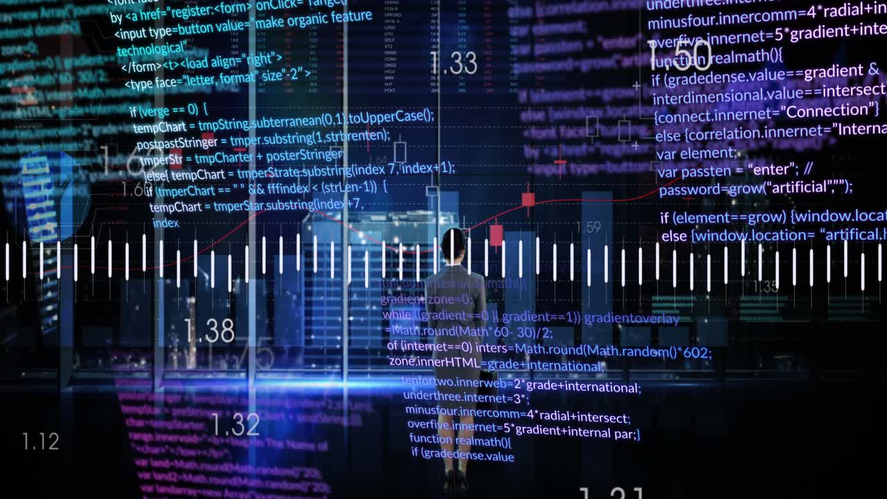 Animation of data processing over caucasian businesswoman