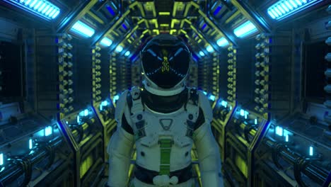 astronaut in a futuristic spaceship corridor