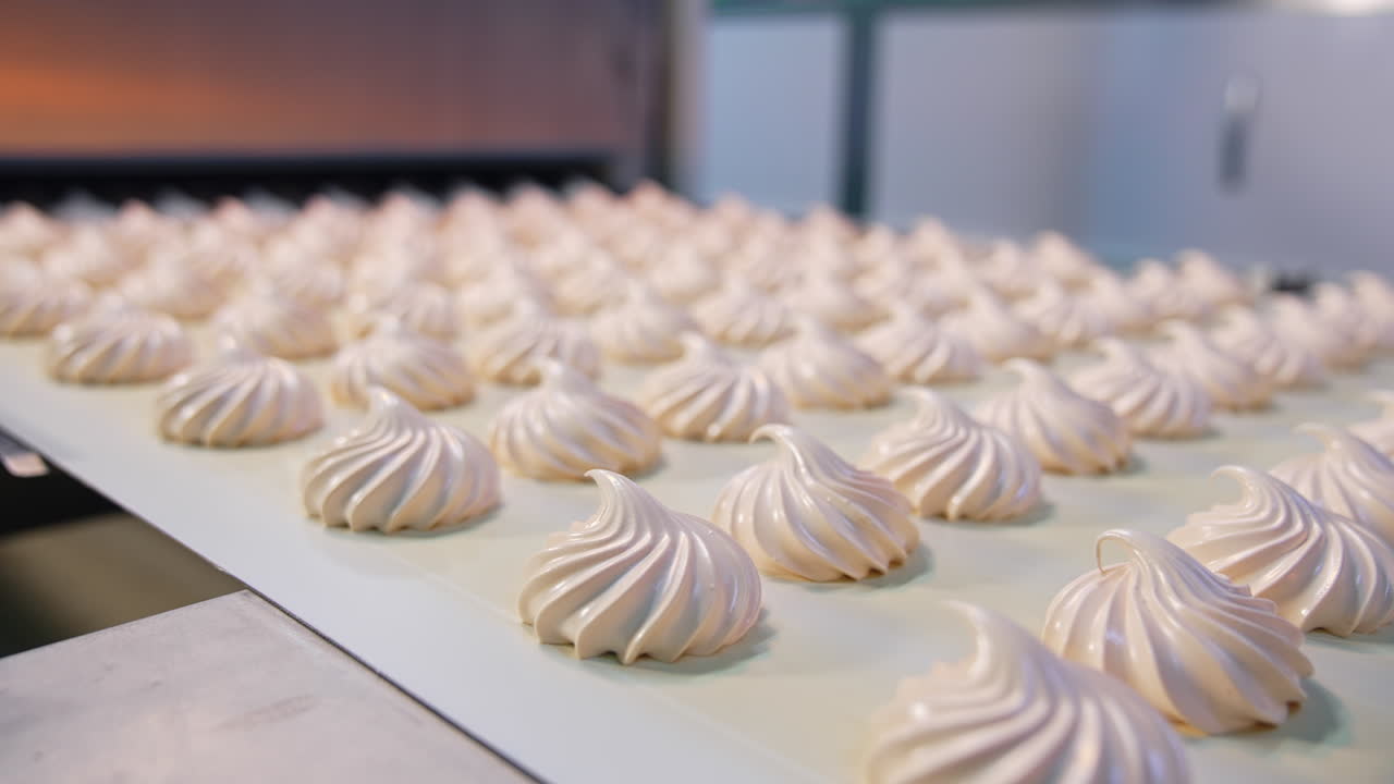 Marshmallow making factory conveyor. Confectionery industrial production.