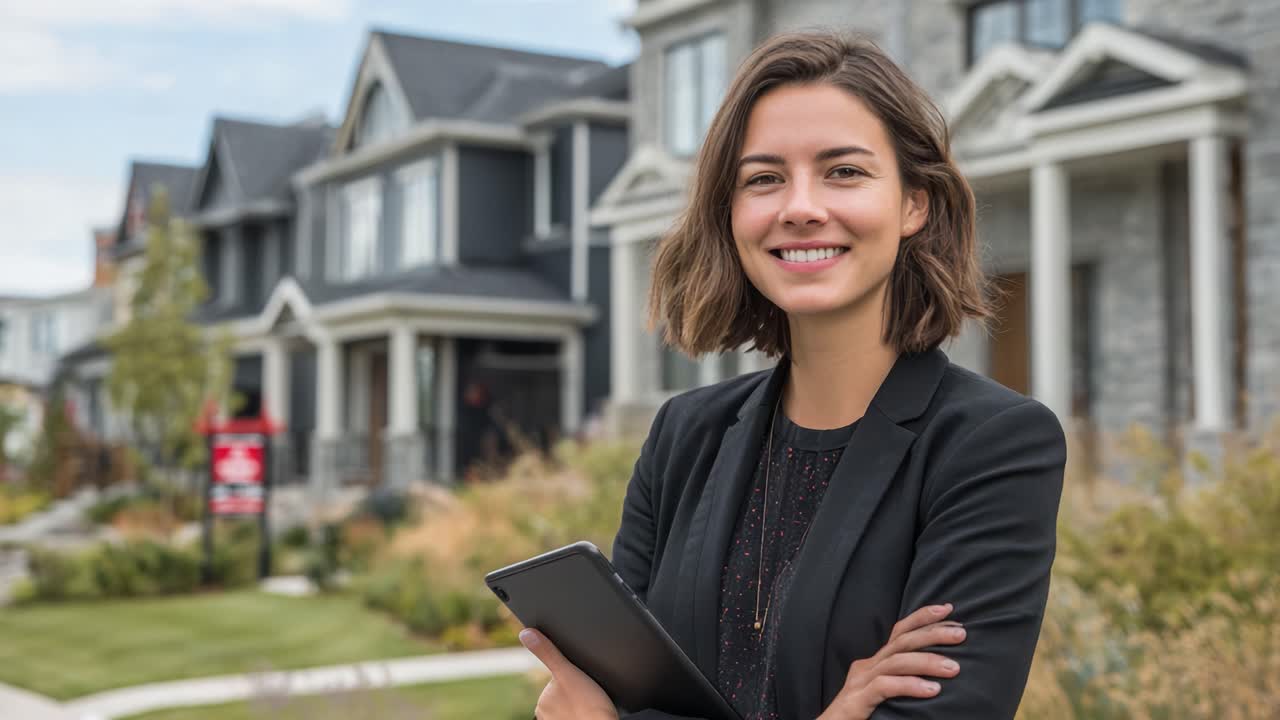A Confident Real Estate Agent Smiles in Front of Beautiful Homes, Showcasing Her Professionalism and Charisma while Promoting Properties for Sale in the Neighborhood
