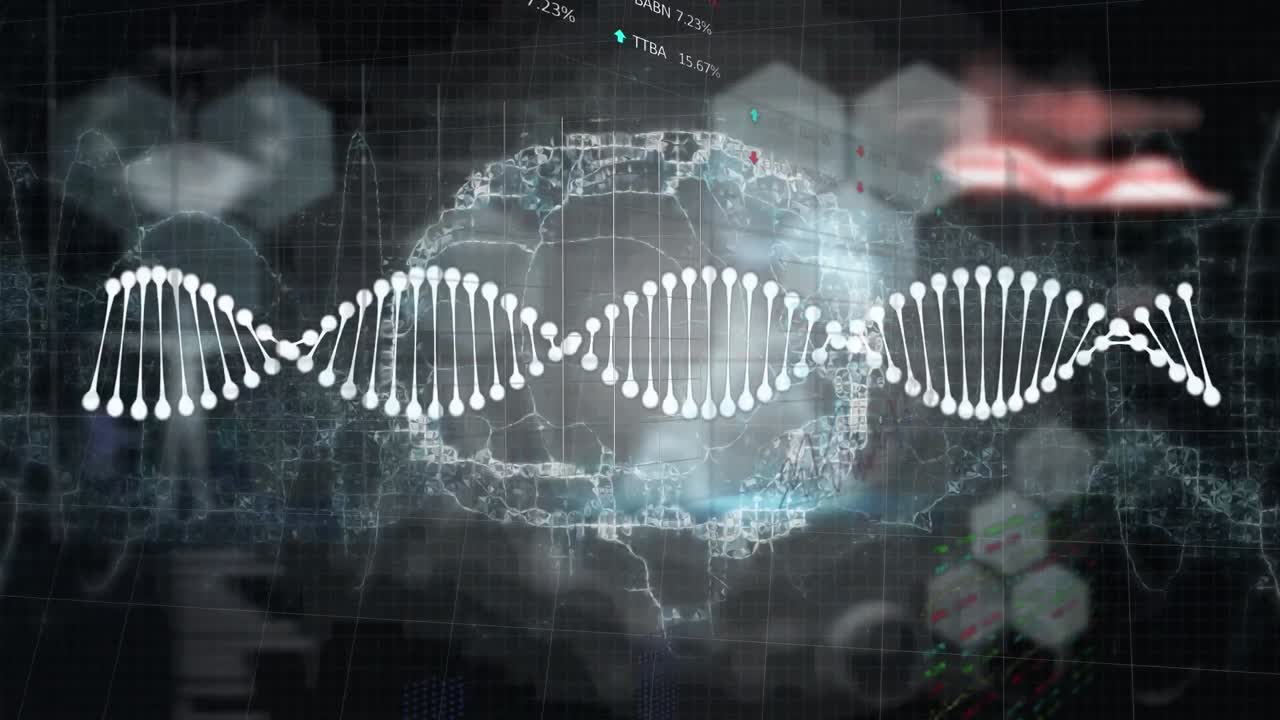 Animation of digital screen with scientific data, dna and brain