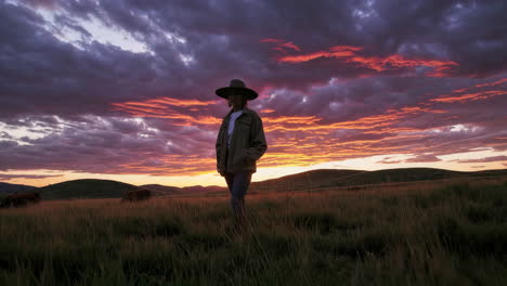 woman rancher at sunset in a field with cattle