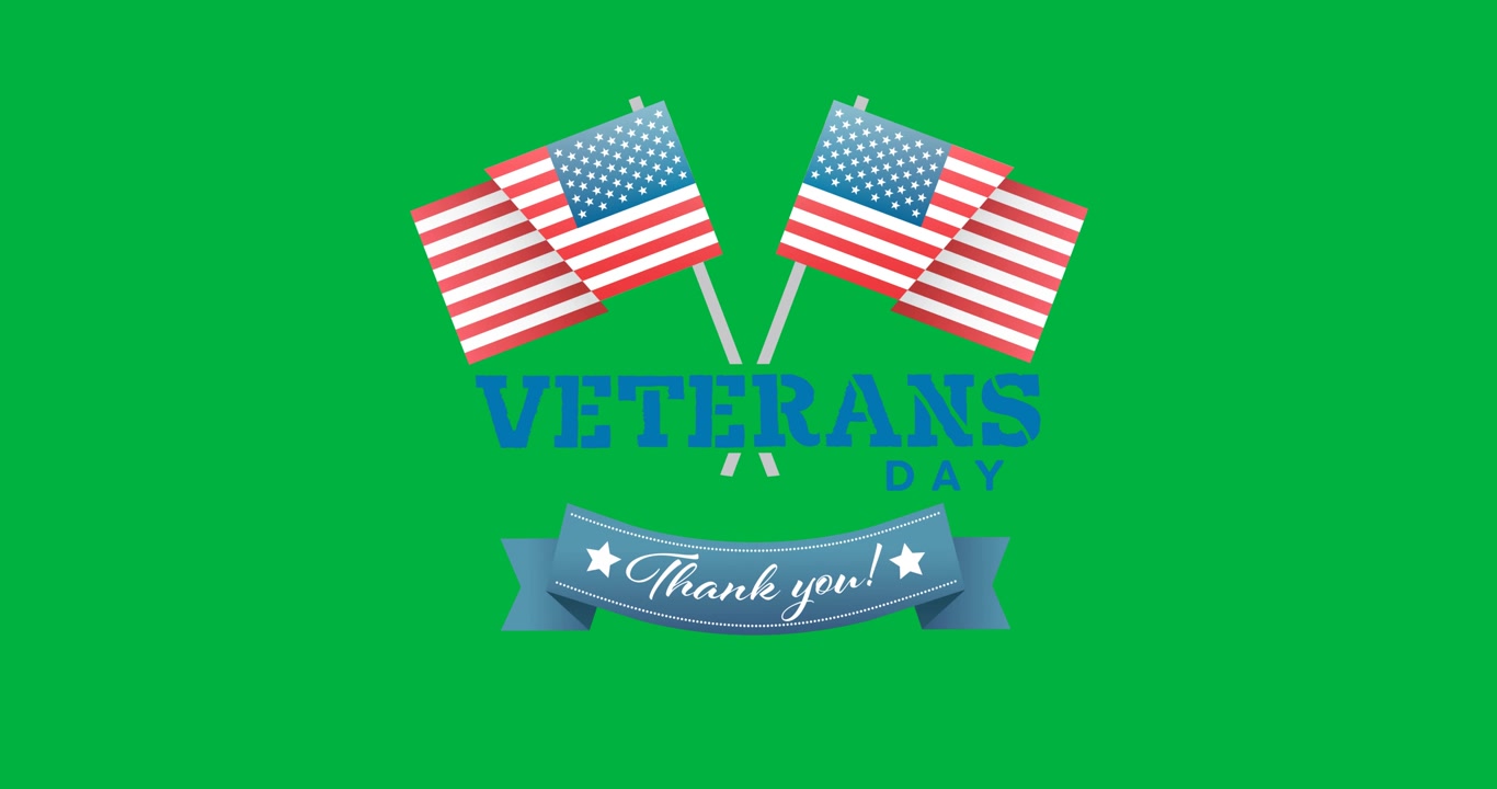 Digital animation af veterandag tekstbanner og amerikanske flag-ikoner mod sort baggrund