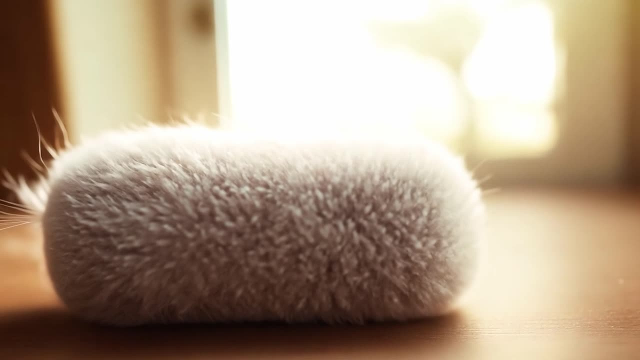 귀여운 새끼 고양이가 털이 많은 베개 위에서 휴식을 취하고 있습니다.