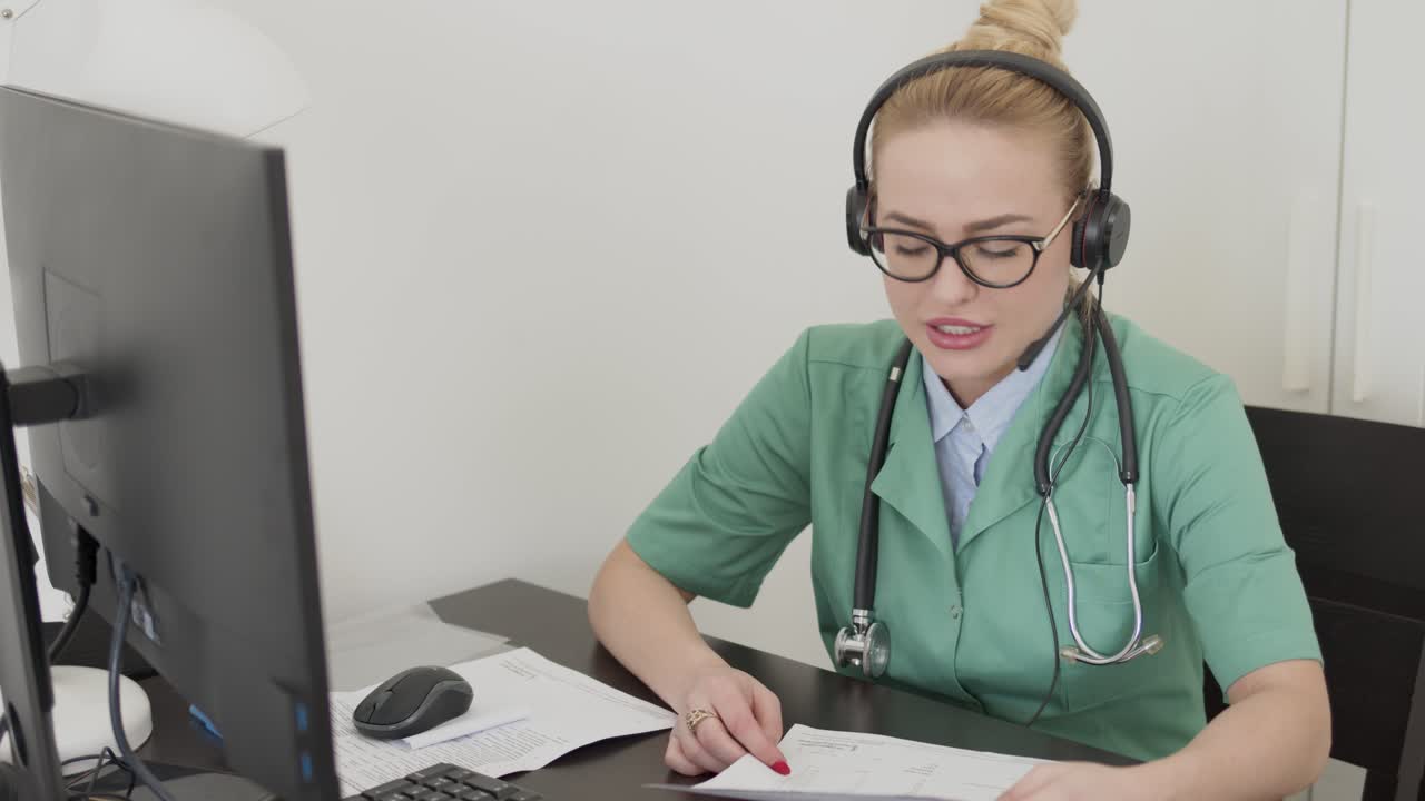 doctora leyendo un documento durante una llamada de video