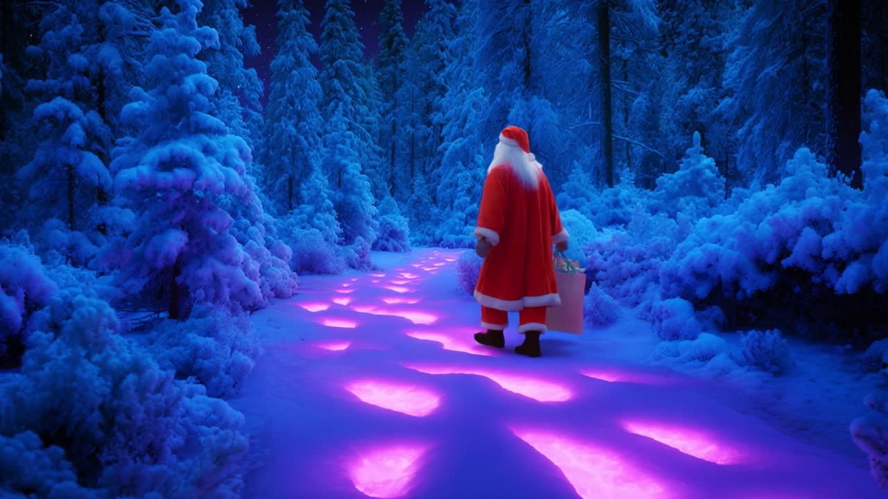 A whimsical Santa Claus walks through a magical winter forest, illuminated by enchanting pink glowing footprints on a snow-covered path, surrounded by sparkling frost-covered trees and a tranquil night sky
