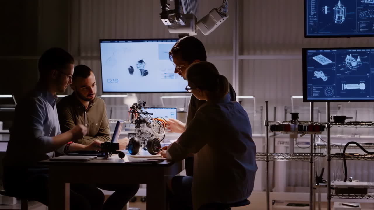Engineers Collaborating on a Prototype in a High-Tech Research Lab