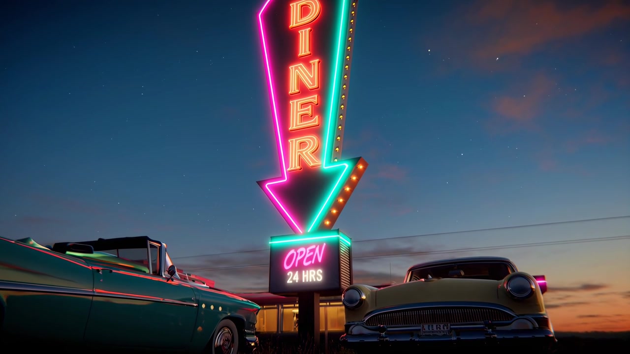 Auto d'epoca parcheggiate fuori da un diner illuminato al neon al crepuscolo