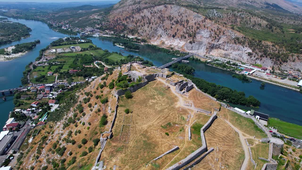 Drone flies over Rozafa Castle near Skodra in Albania