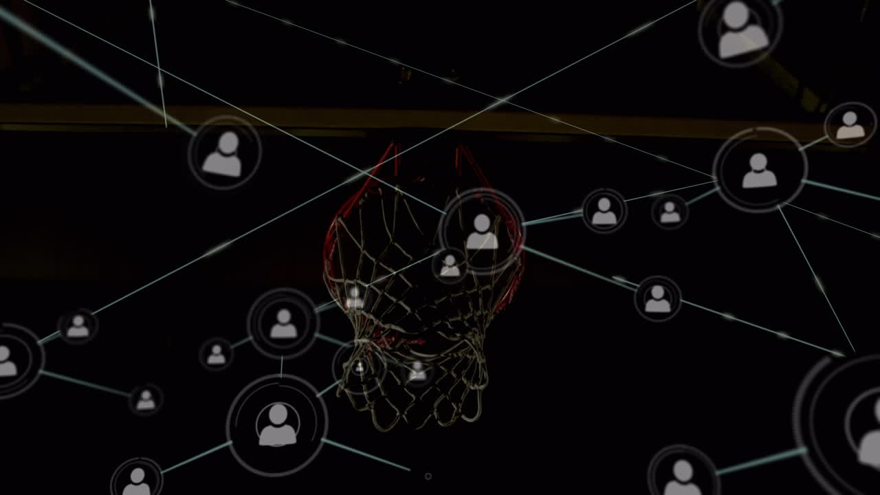 Animation of networks of connections over biracial male basketball player at gym